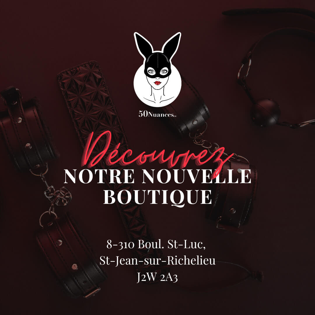 logo avec slogan du sexshop 50 nuances de sexxx avec une femme avec masque bdsm
